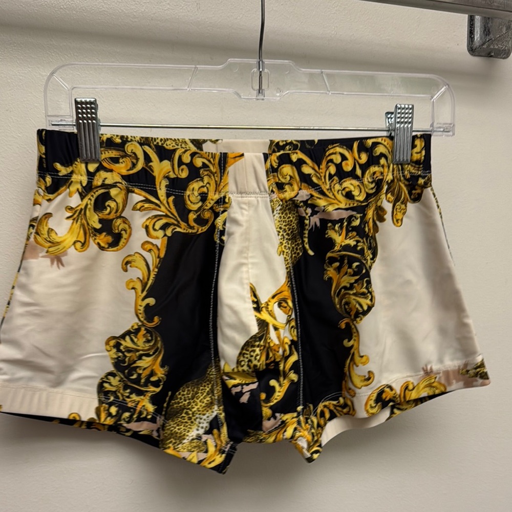 Vintage 90s Greg Parry Tanlines M Baroque Print Shorts - Black and Gold